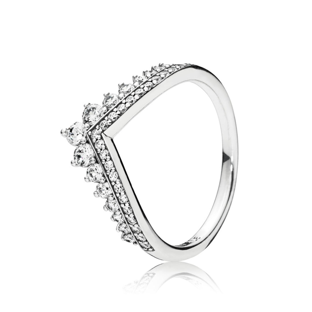 Tiara wishbone ring in sterling silver with 23 bead-set and 15 claw-set clear CZ