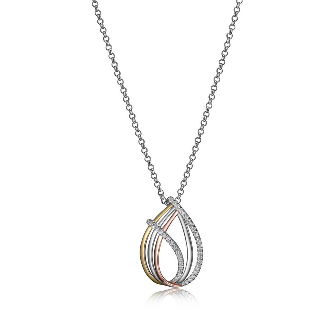 ELLE Sterling Silver Rhdium Plated CZ "Ocean" 3-Tone Teardrop Necklace  18+2"