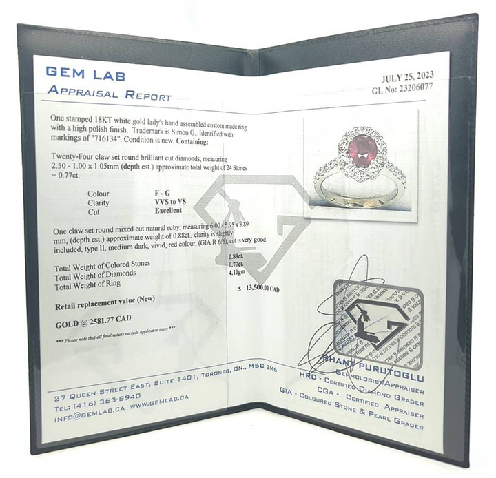 18KT White Gold Natural Ruby and 0.7ctw Diamond "Simon G" Estate Ring