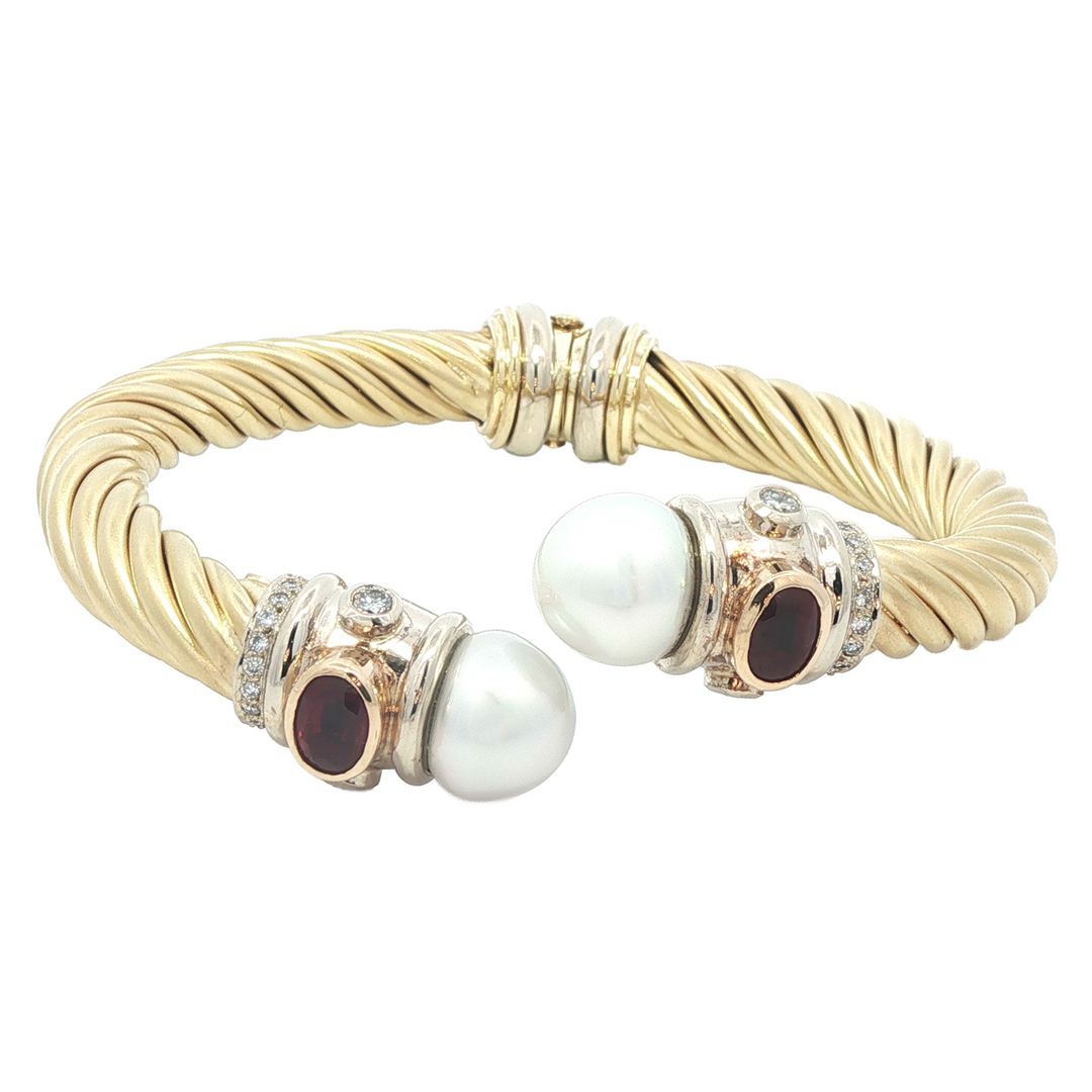 14K Two-Tone Pearl, Ruby and Diamond Bracelet