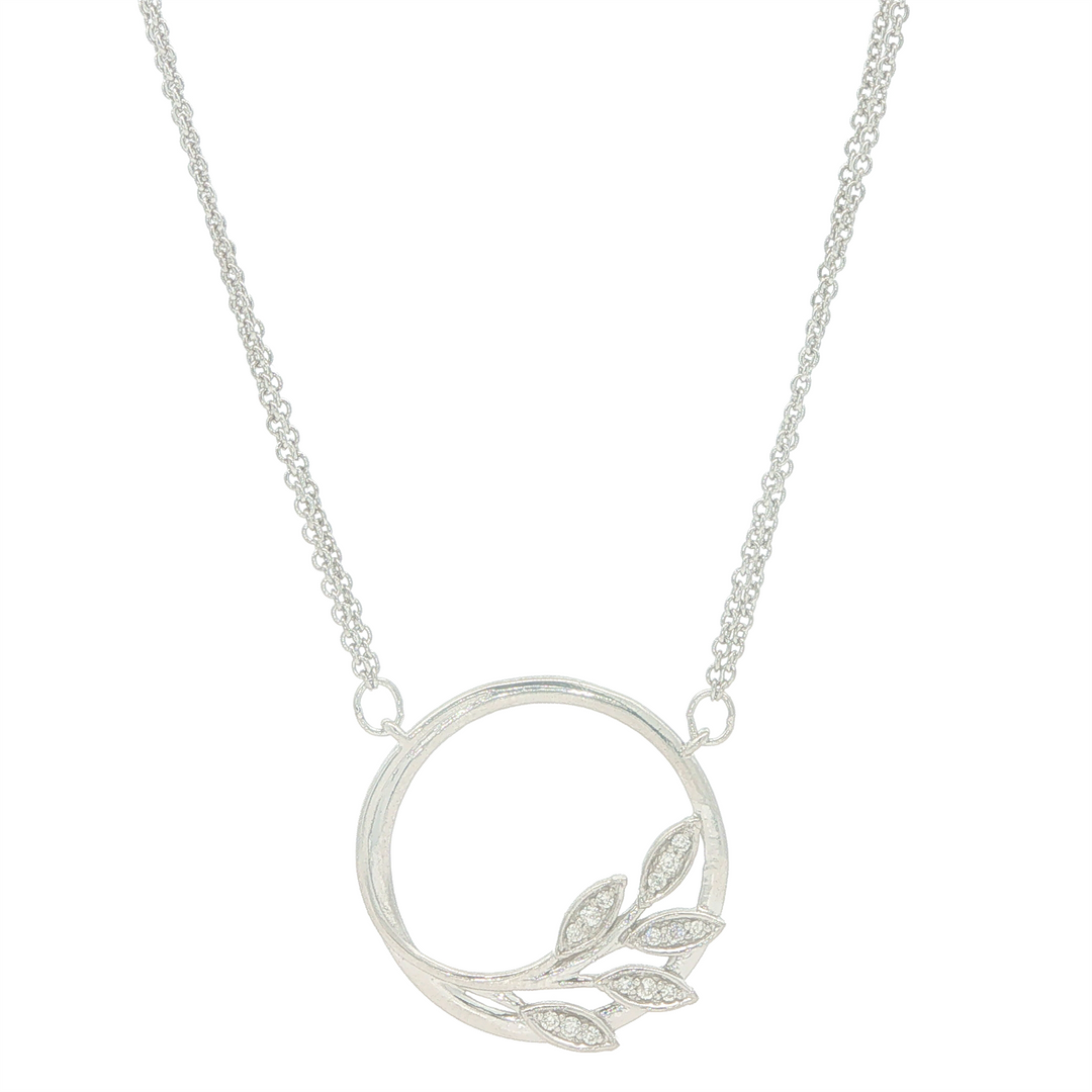 Sterling Silver Circular Leaf 0.07cttw Diamond Necklace 18"