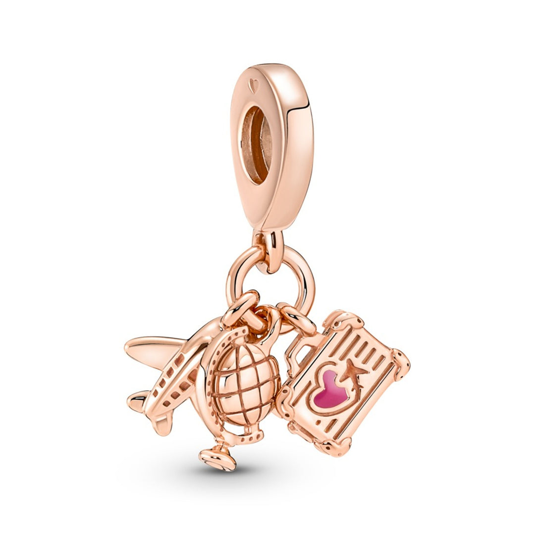 Airplane, globe and suitcase 14k rose gold-plated