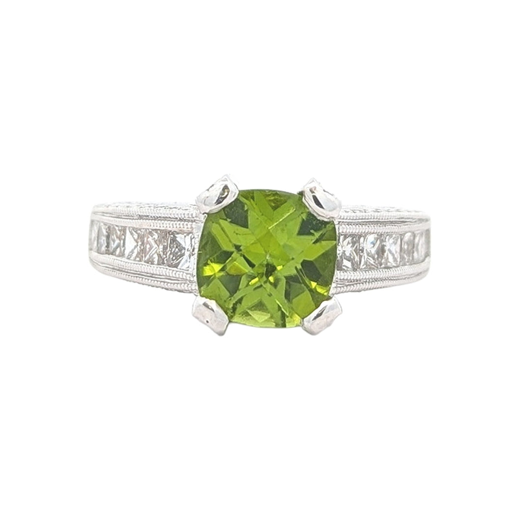 18KT White Gold Peridot and Diamond Estate Ring