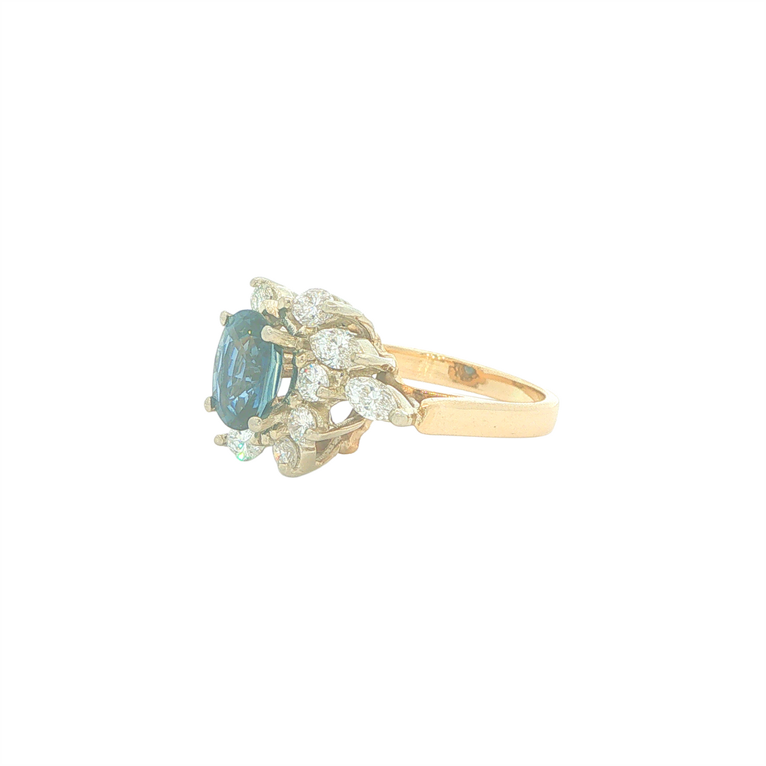 14KT Yellow & White Gold Sapphire and 0.83cttw Diamond Cluster Estate Ring