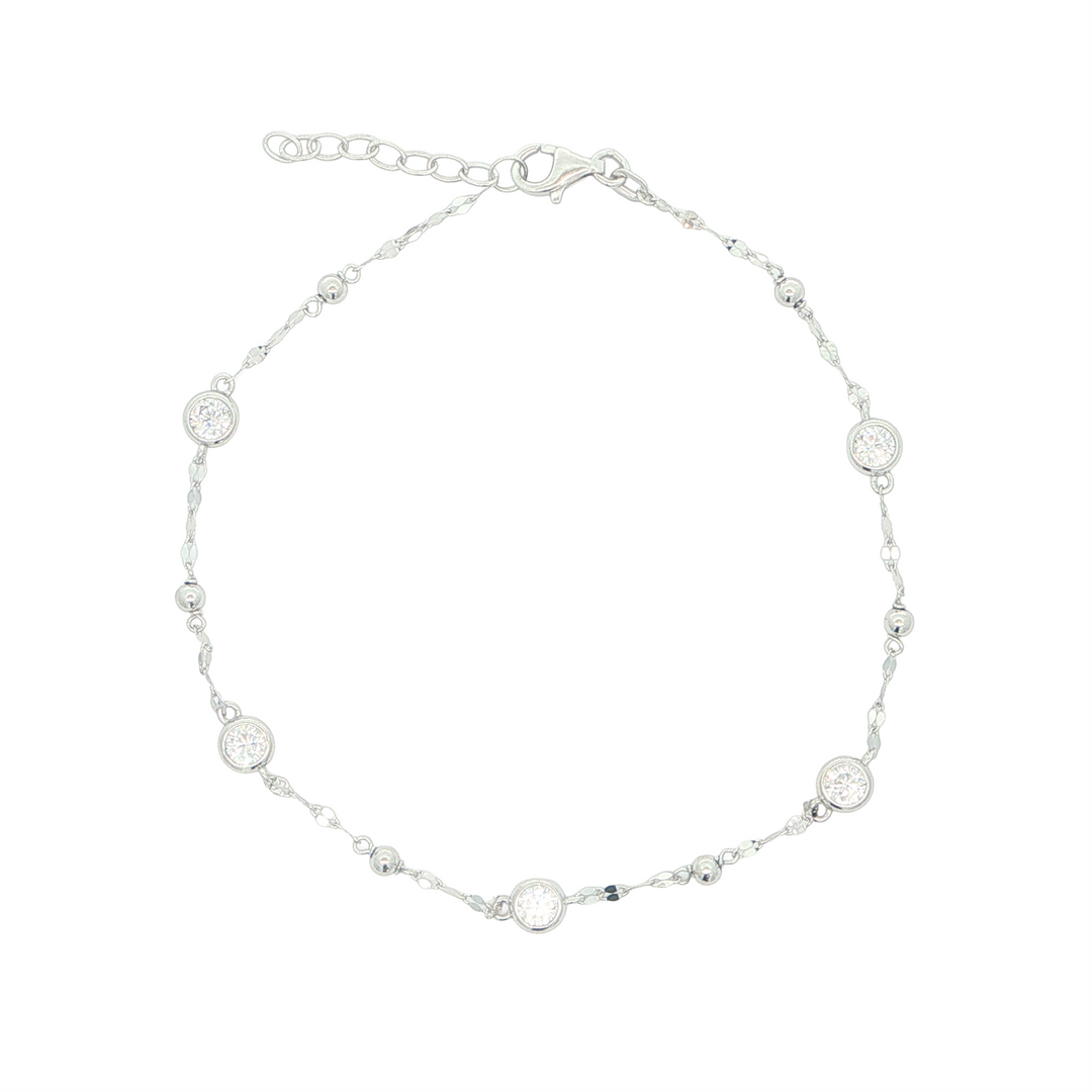REIGN SS Rhodium Plated Bezel Station CZ Anklet 9+1"