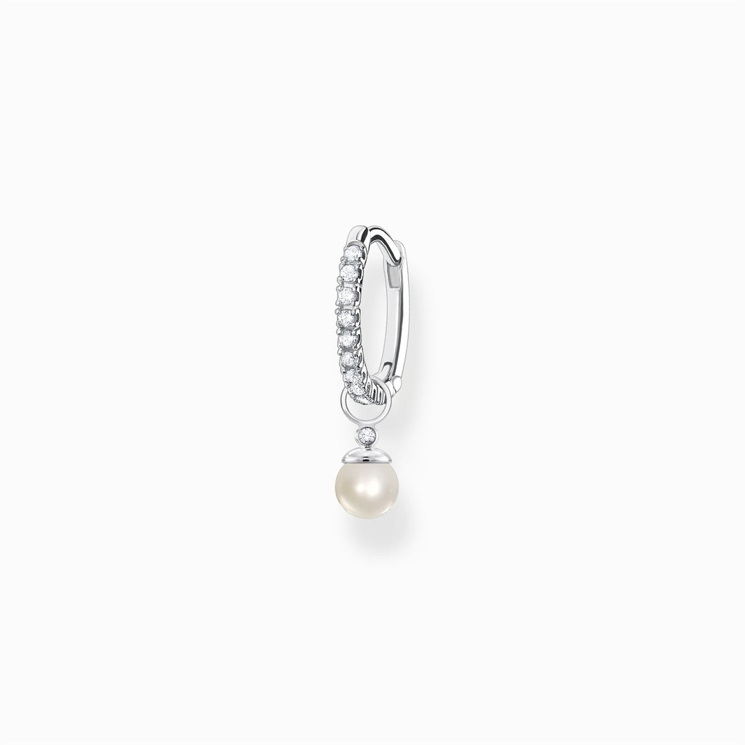 Single Hoop Earring with Pearl Pendant, Silver