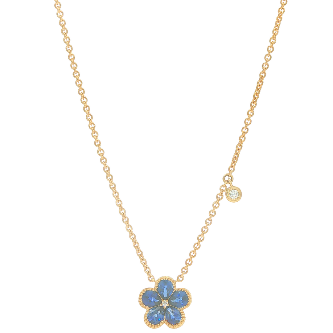 18KT Yellow Gold Sapphire and 0.04cttw Diamond Flower Necklace 16+2"
