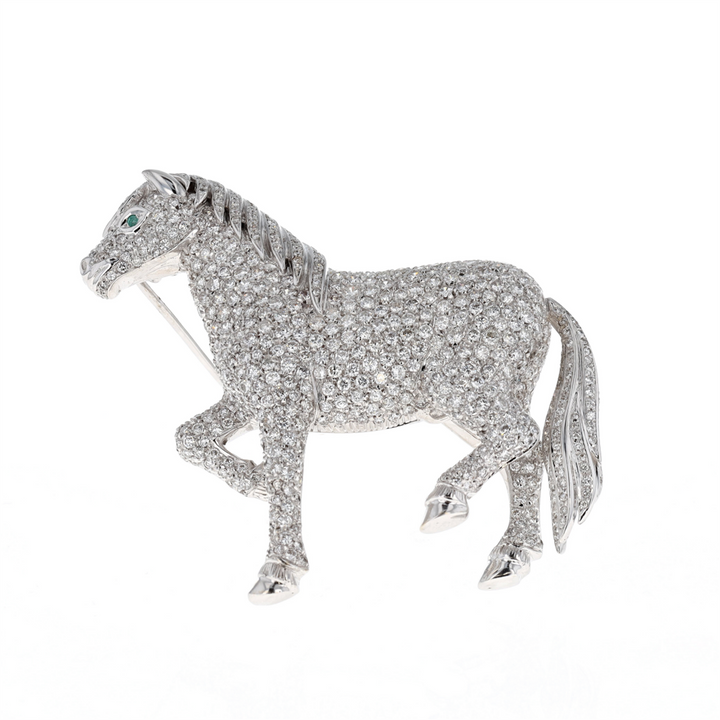 18KT White Gold Natural Emerald and 6.50ctw Diamond Estate Horse Brooch