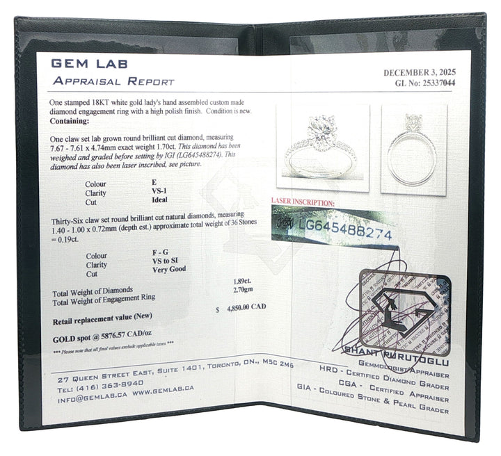 18KT White Gold 1.89ctw Lab Grown Diamond Engagement Ring