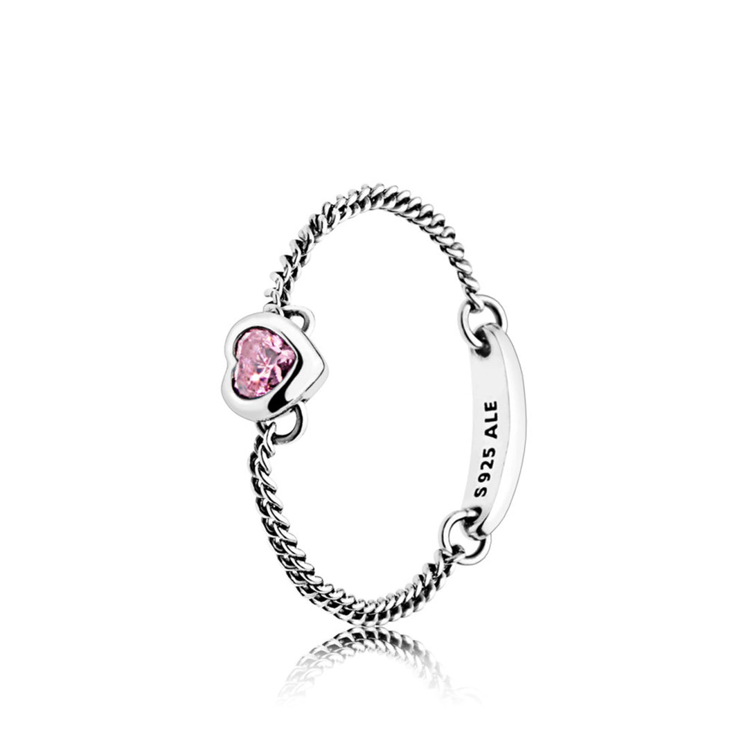 Spirited Heart Pink CZ Chain ring in sterling silver with 1 bezel-set heart-shaped pink CZ