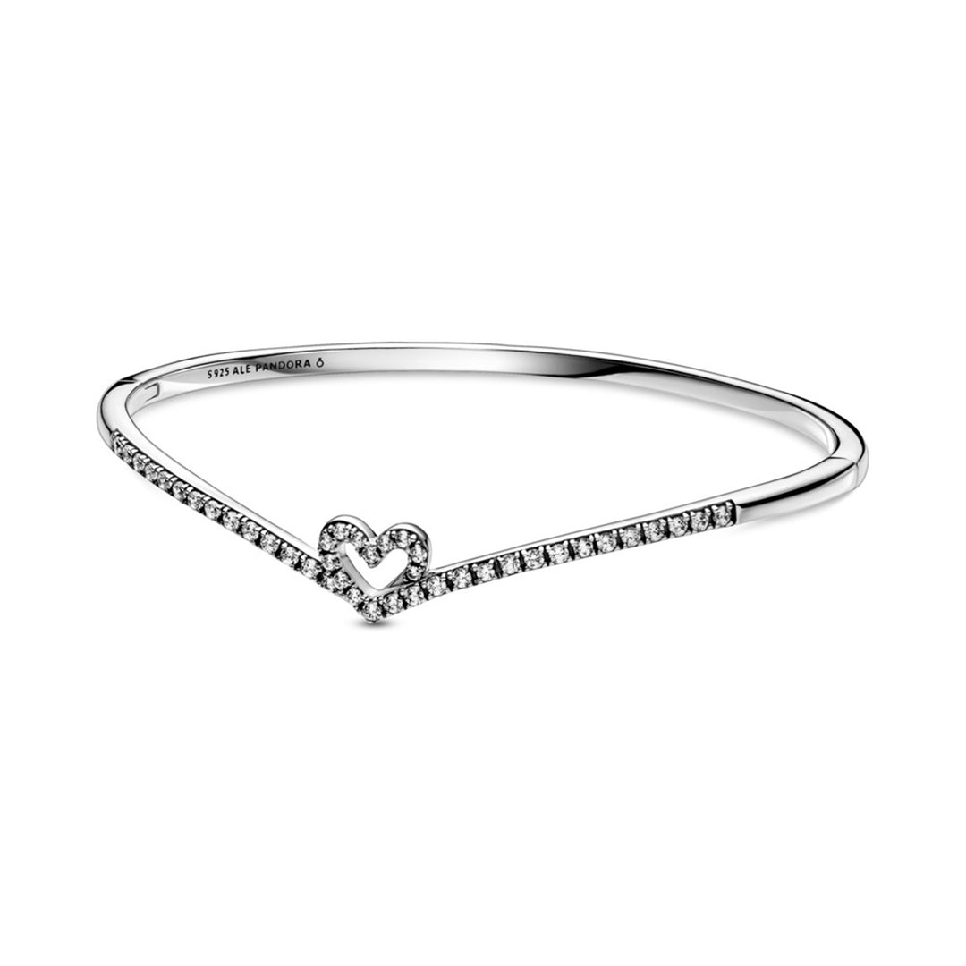 Heart and wishbone sterling silver bangle
