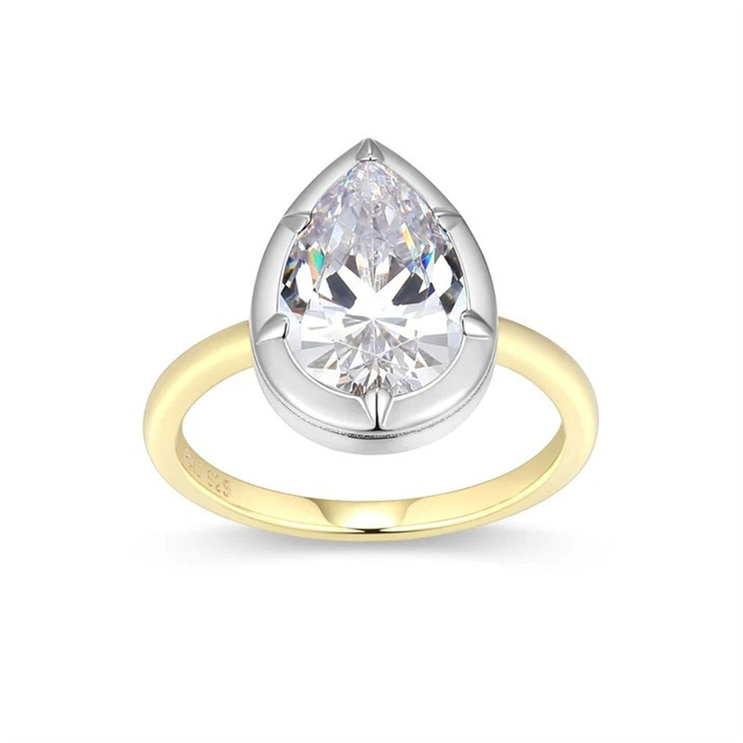 REIGN Sterling Silver Gold and Rhodium CZ Pear Solitaire Ring
