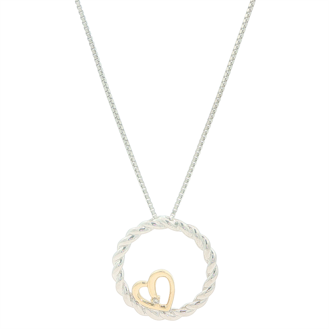 10K Yellow Gold & Sterling Silver 0.005cttw Diamond Heart in a Rope Pendant Necklace 18"