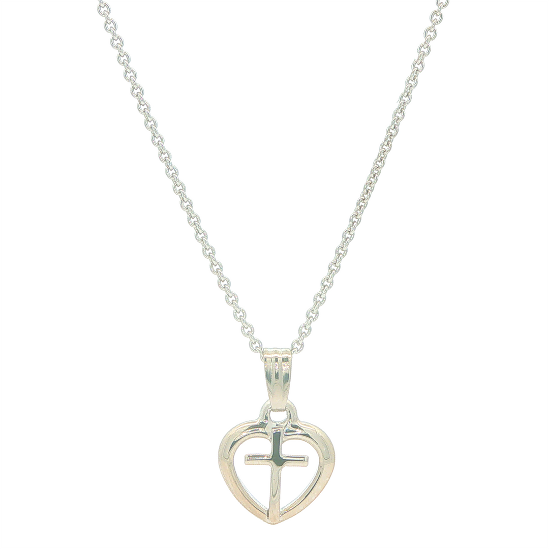 Sterling Silver Heart with Centre Cross Pendant Necklace 15"