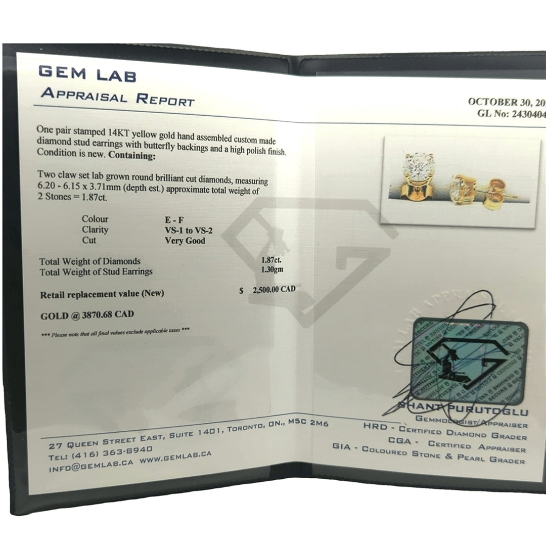 14KT Yellow Gold 1.87ctw Lab Grown Diamond Stud Earrings