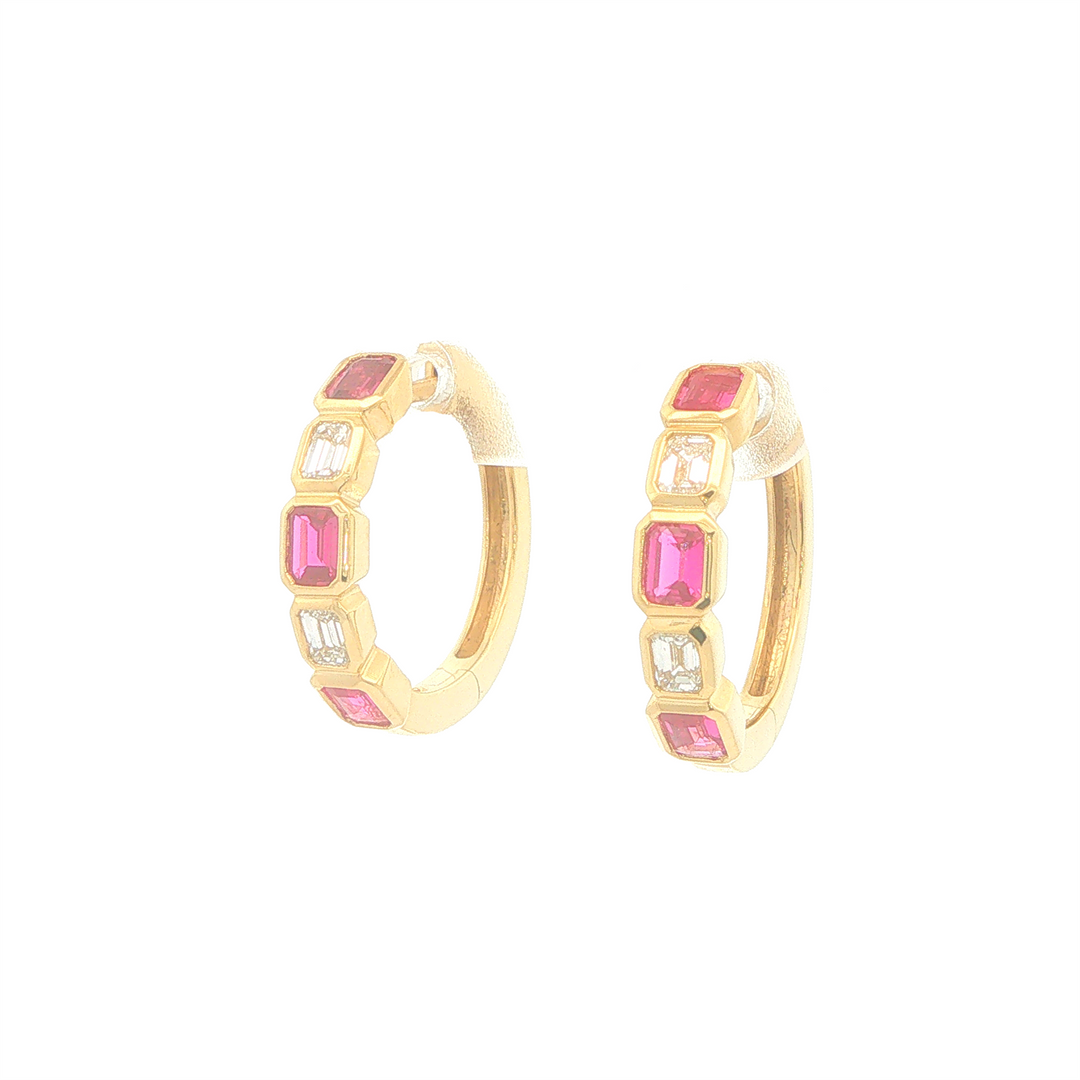 18KT Yellow Gold Ruby and 0.53 Diamond Hoop Earrings