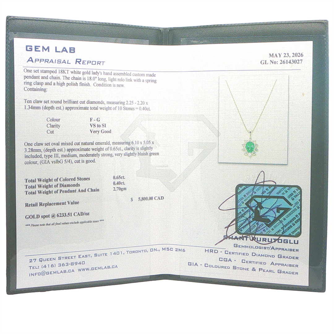 18K White Gold Emerald 0.65ctw Diamond 16+2" Necklace