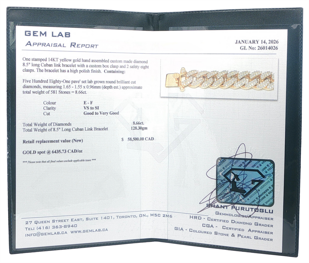 14K Yellow Gold 8.66ctw Lab Grown Diamond 8.5" Curb Bracelet