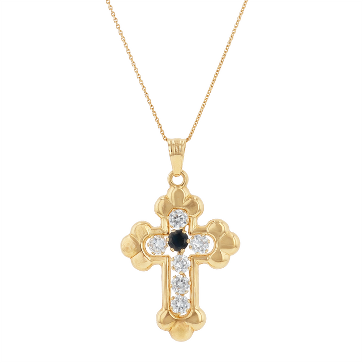 18KT Yellow Gold Sapphire and Cubic Zirconia Estate Cross Pendant on Rolo Chain 18"