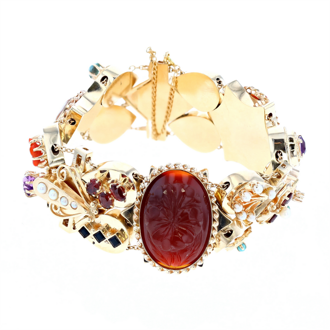 14KT Yellow Gold Coloured Stones, Pearl and Cameo 7.5" Estate Bracelet