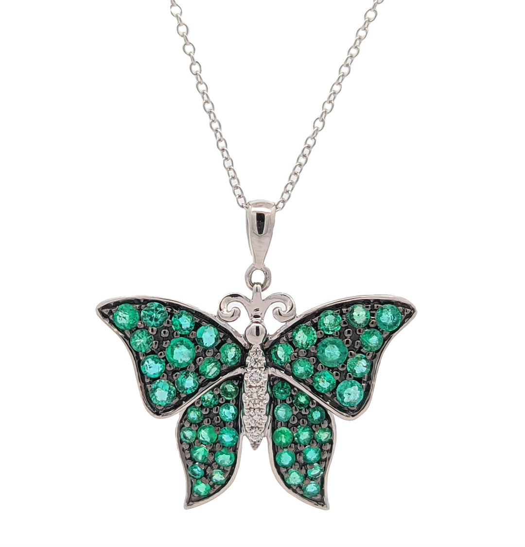 10KT White Gold Emerald and Diamond Butterfly 18" Necklace
