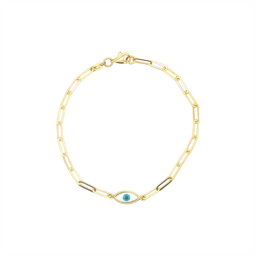 10KT Yellow Gold Mother of Pearl Evil Eye Bracelet 7.5"