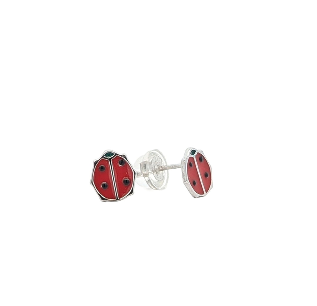 Sterling Silver Dark Pink Enamel Lady Bug Stud Earrings