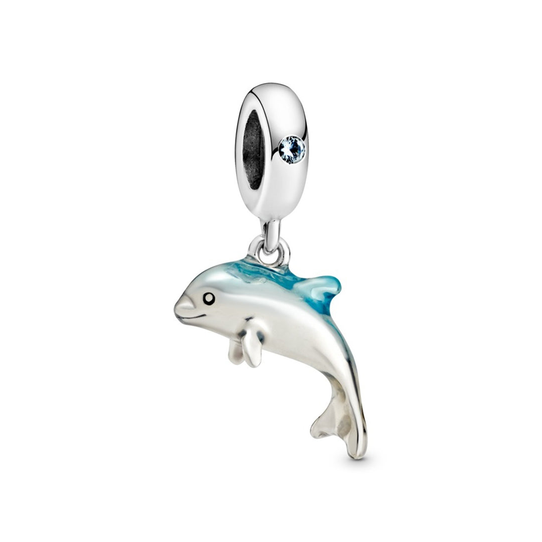 Dolphin sterling silver dangle with icy green crystal and blue enamel