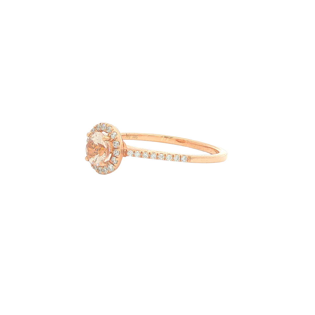 14KT Rose Gold Ring with Morganite and 0.14ctw Diamond Halo and Shoulders
