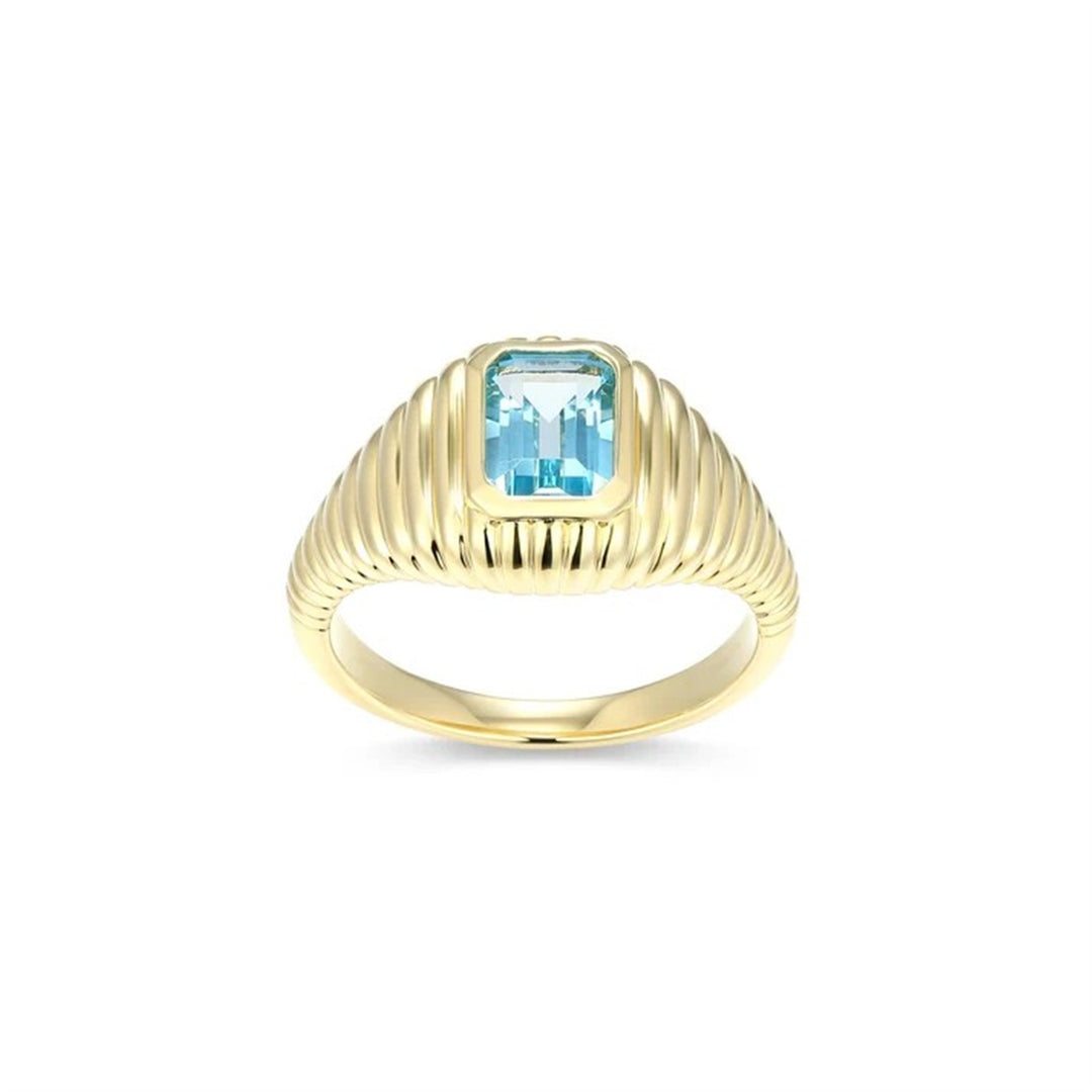 REIGN Sterling Silver Gold Plated Swiss Blue Topaz Ribbed Signet Ring