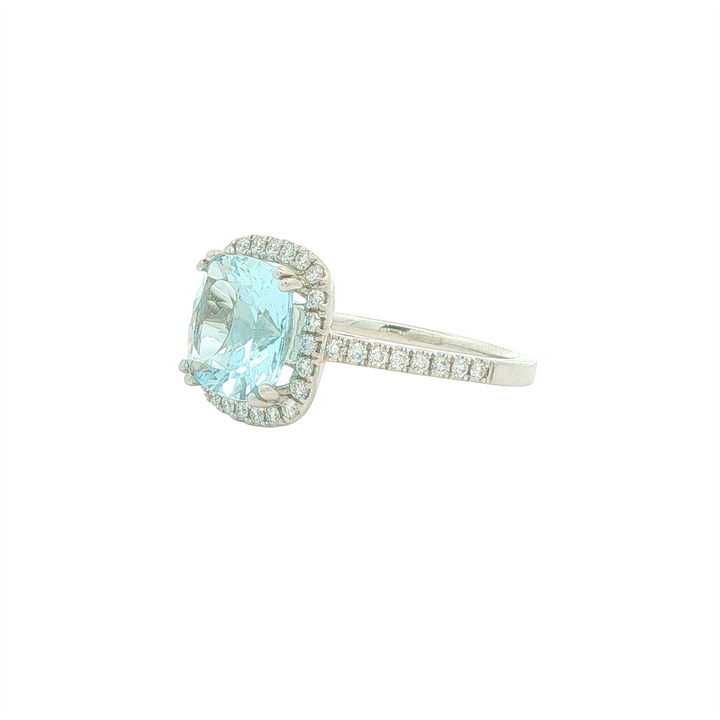 18KT White Gold Aquamarine with 0.33ctw Diamond Halo and Shoulder Ring