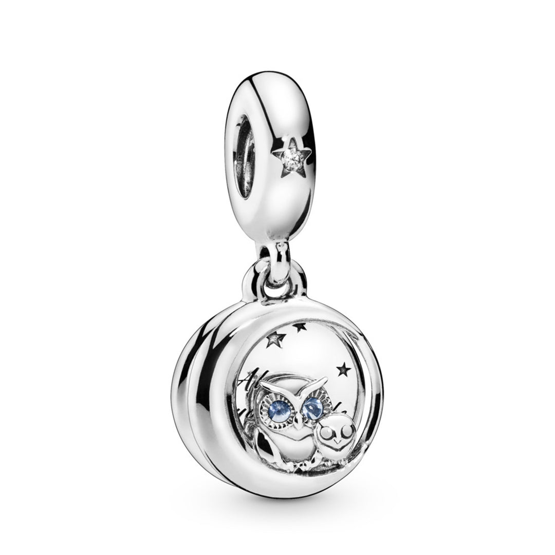 Owl sterling silver dangle with bright cobalt blue crystal and clear CZ