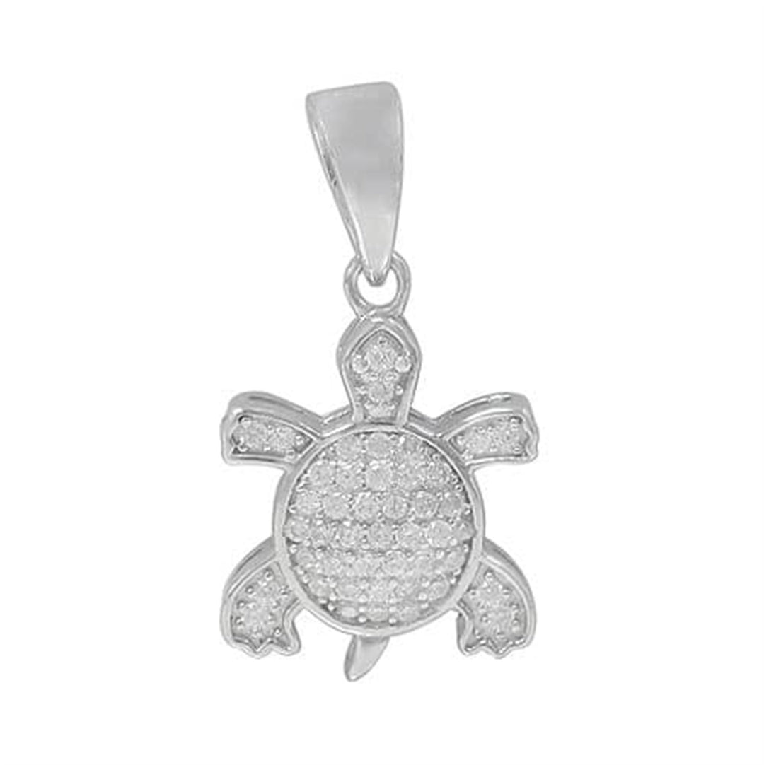 Rhodium Plated Sterling Silver Turtle Pendant with Faceted CZ Stones