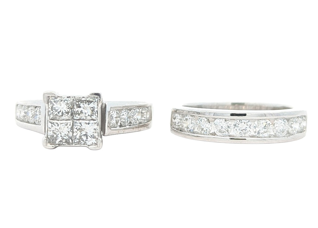 14KT White Gold 1.89ctw Diamond Estate Engagment Ring and Matching Band