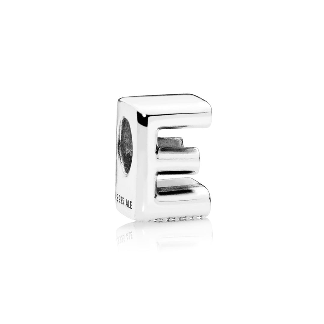 Letter E charm in sterling silver with heart pattern