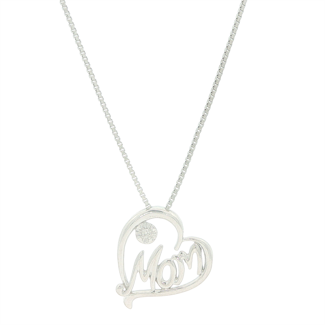 Sterling Silver 0.01 Diamond Heart "Mom" Pendant Necklace 18"