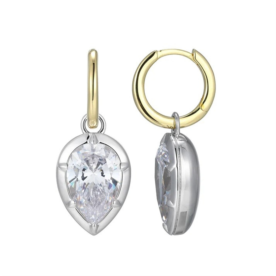 REIGN Sterling Silver Rhodium and Gold Plated Pear Cut CZ Drop Earrings