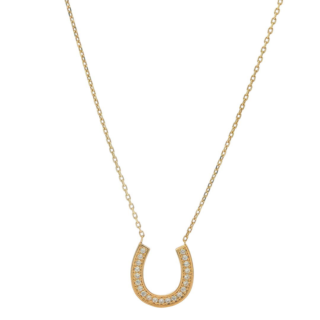 10K Yellow Gold CZ Accented Horse Shoe Pendant Necklace 16 + 1"