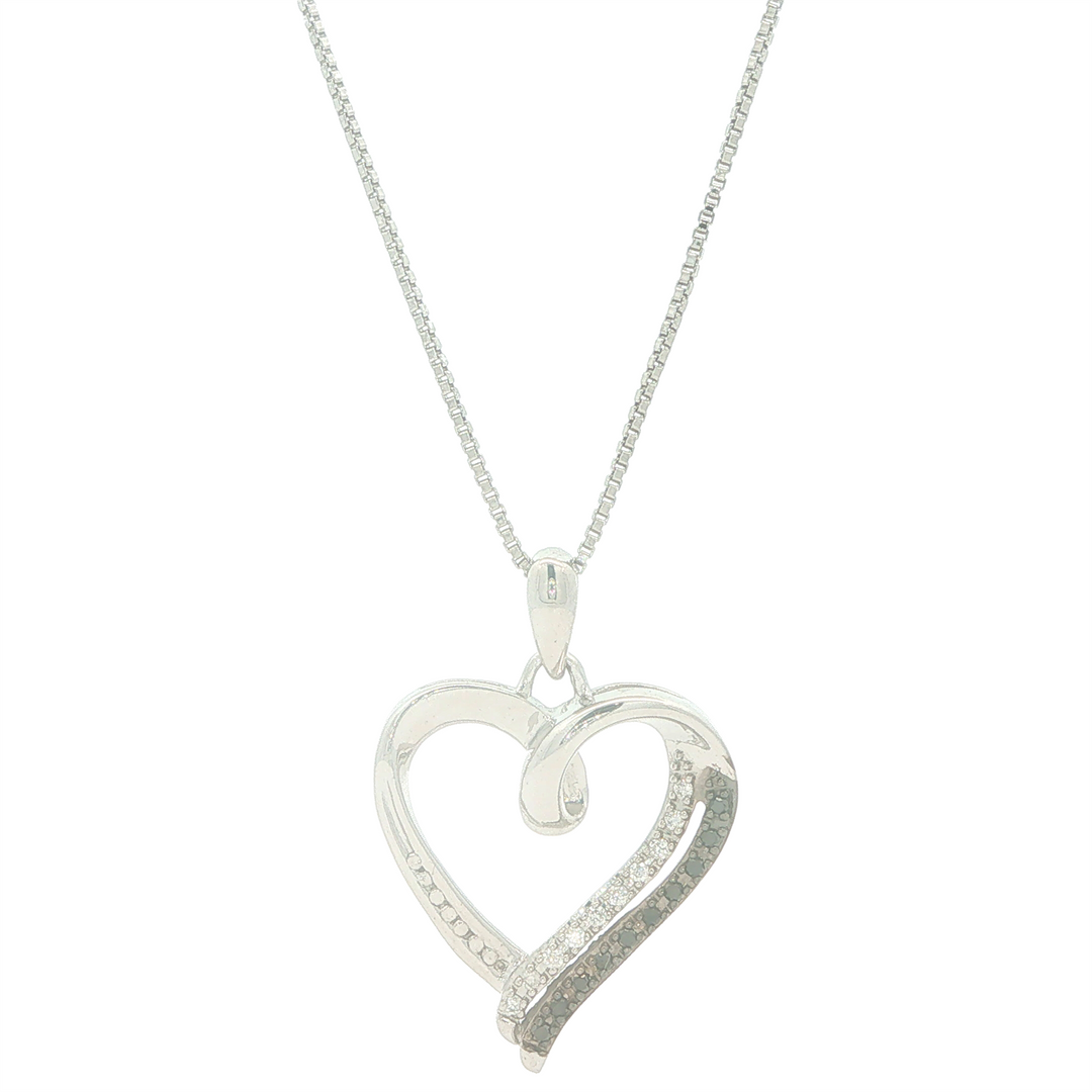 Sterling Silver 0.1cttw Black & White Diamond Shadow Heart Pendant Necklace 18"