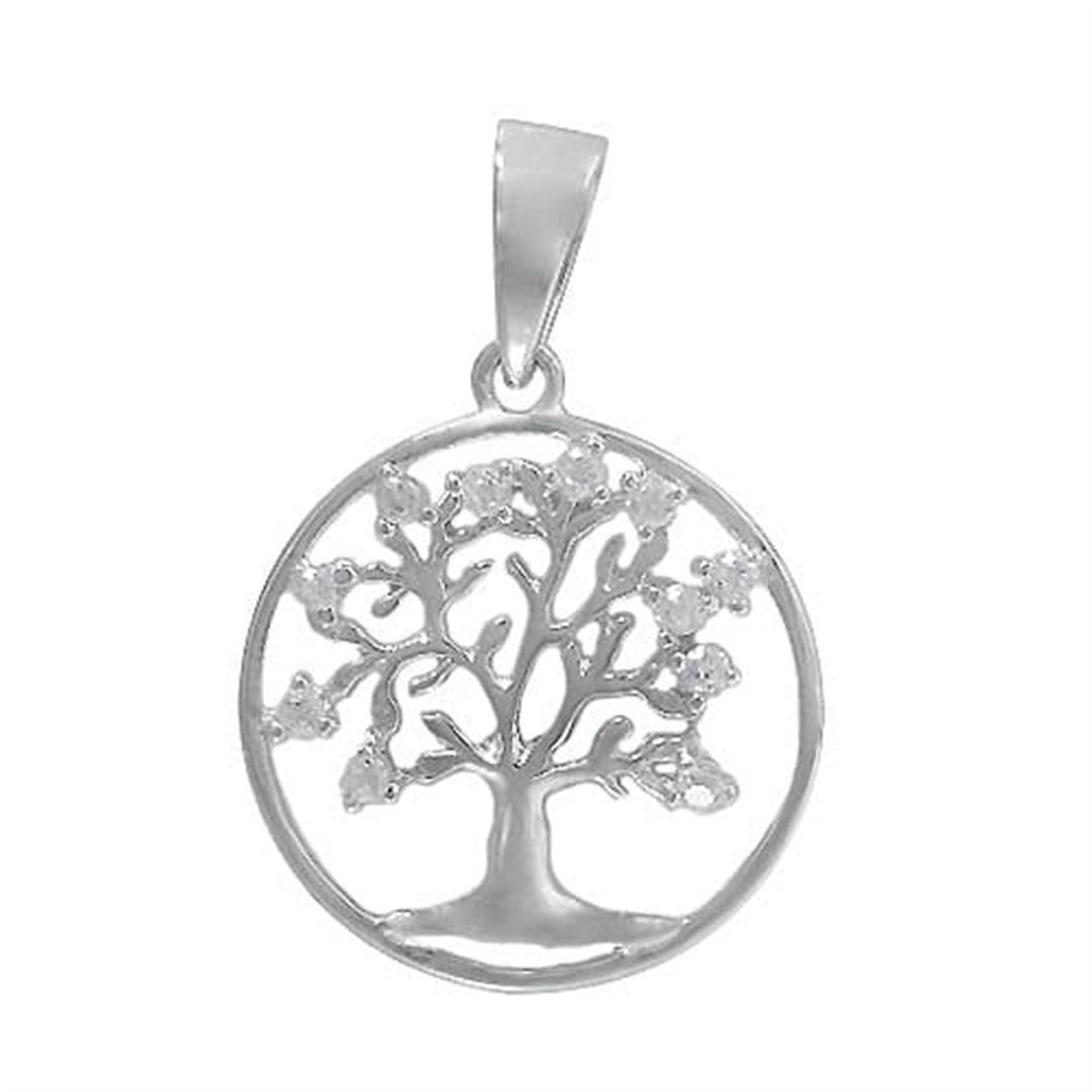 Rhodium Plated Sterling Silver with Cubic Zirconias 18mm Tree of Life Pendant