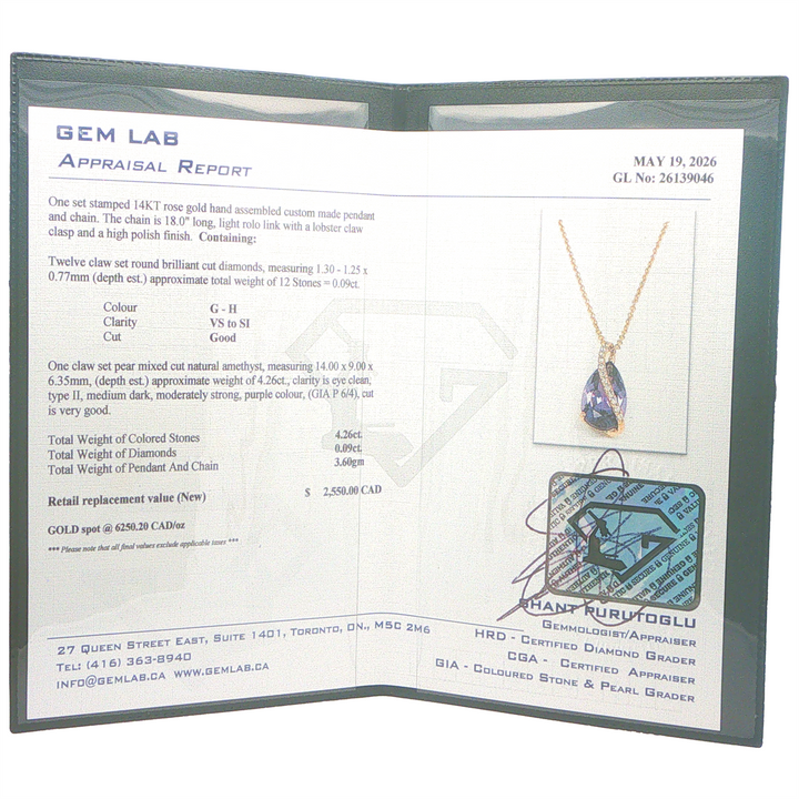 14KT Rose Gold 4.26ct Amethyst and 0.09ct Diamond Estate Pendant and Rolo Chain 18"