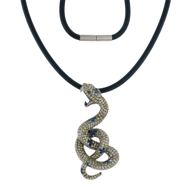 14KT White Gold with Black Plating Sapphire and 9.05cttw Diamond Snake Estate Pendant