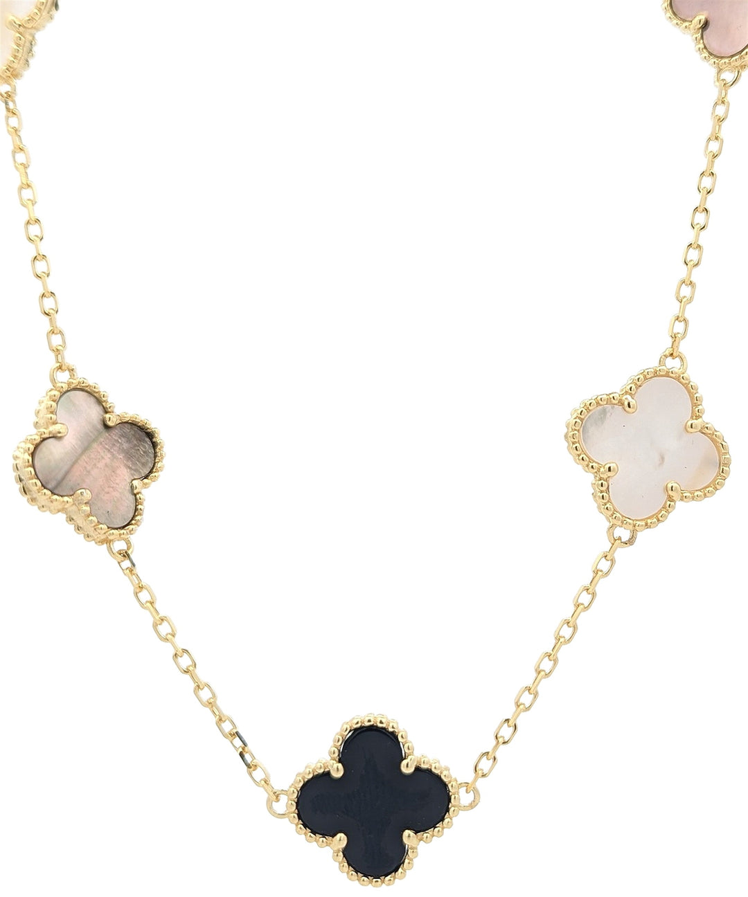 Sterling Silver Gold Plated 26" Genuine Onyx Mother Of Pearl Necklace