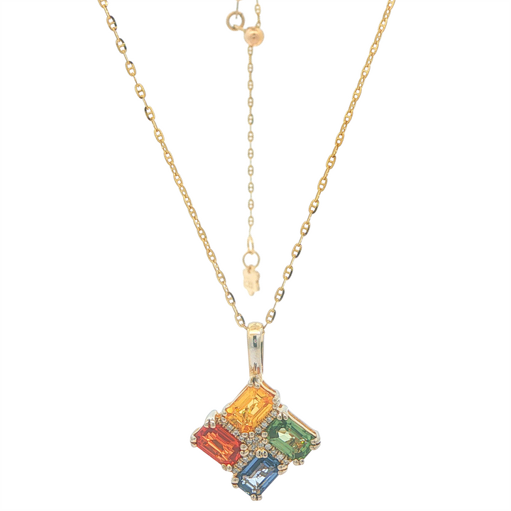 14K Yellow and White Gold 0.07ctw Diamond and Multi-Coloured Sapphire Pendant and 20" Long Adjustable Anchor Link Chain