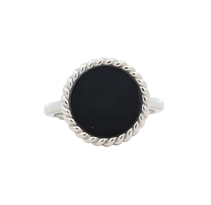 ELLE "Nautical" Sterling Silver Genuine Black Agate with Rope Trim Ring