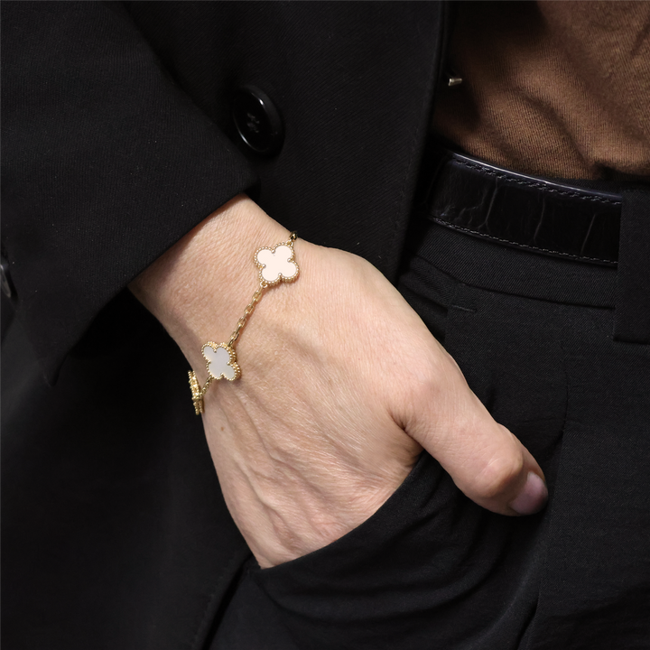 18KT Yellow Gold "Van Cleef & Arpels" Vintage Alhambra Mother of Pearl Clover Bracelet 7.5"