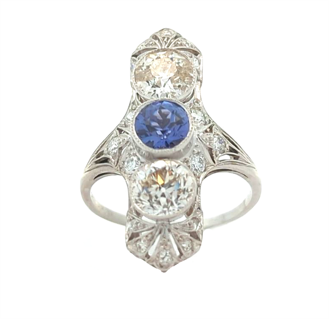 Platinum Natural Blue Sapphire and 2.47ctw Diamond Vintage Estate Cocktail Ring