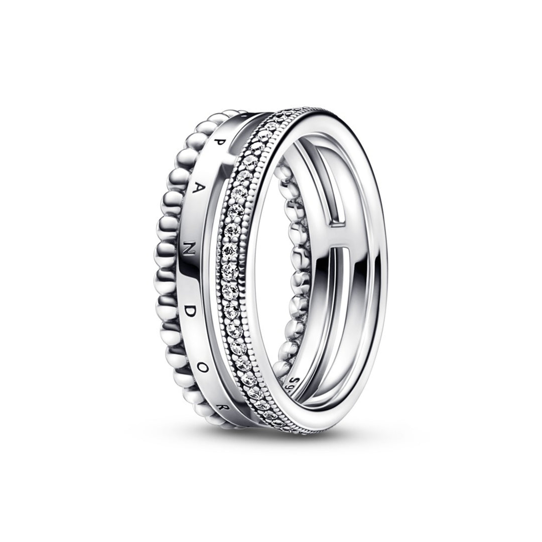 Pandora logo sterling silver ring with clear cubic zirconia