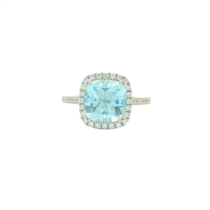 18KT White Gold Aquamarine with 0.33ctw Diamond Halo and Shoulder Ring