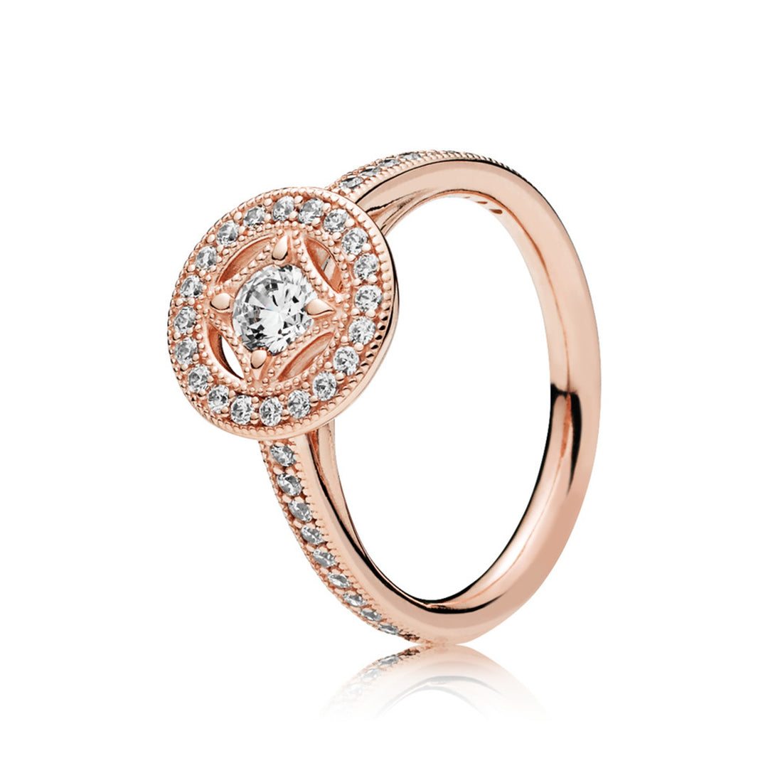 Ring in Rose with milgrain details and 41 bead-set clear CZ
